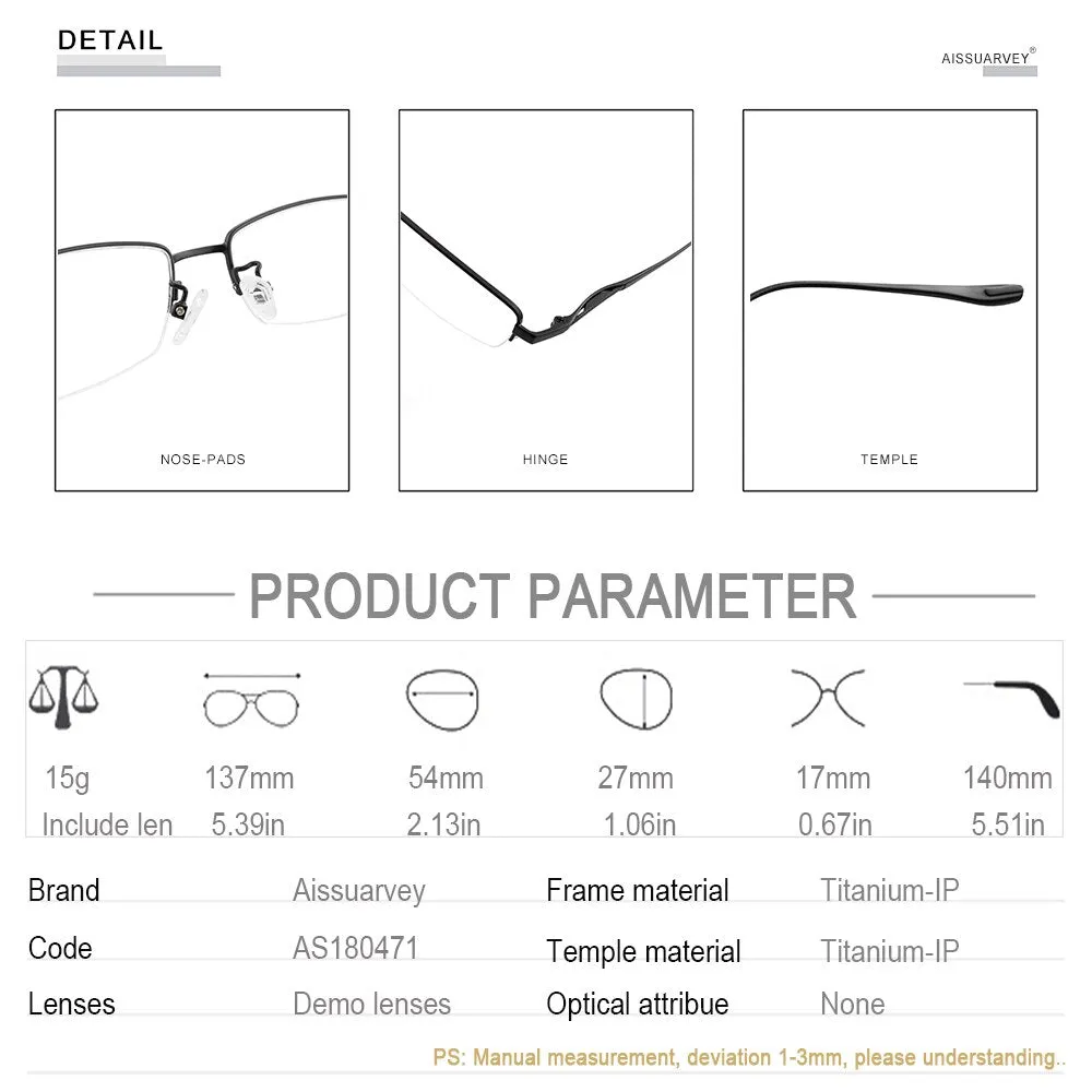 Aissuarvey Men's Semi Rim Titanium Frame Eyeglasses As180471