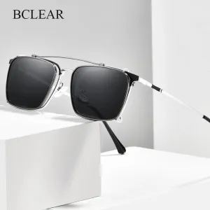 Bclear Men's Full Rim Square Alloy Frame Eyeglasses With Clip On Polarized Sunglasses Zt95004