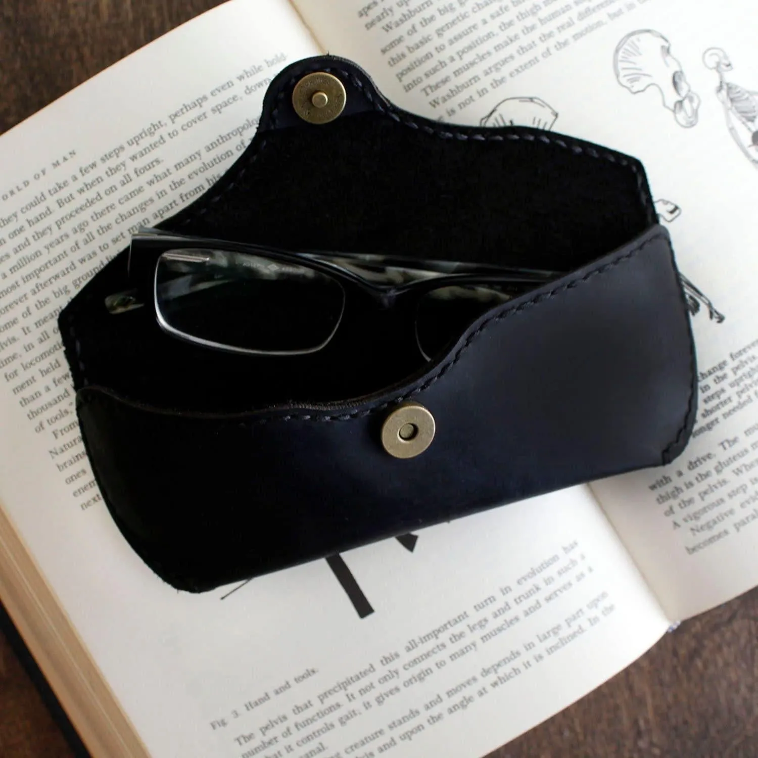 Black Genuine Leather Eyeglasses & Sunglasses Case with Magnetic Snap Closure