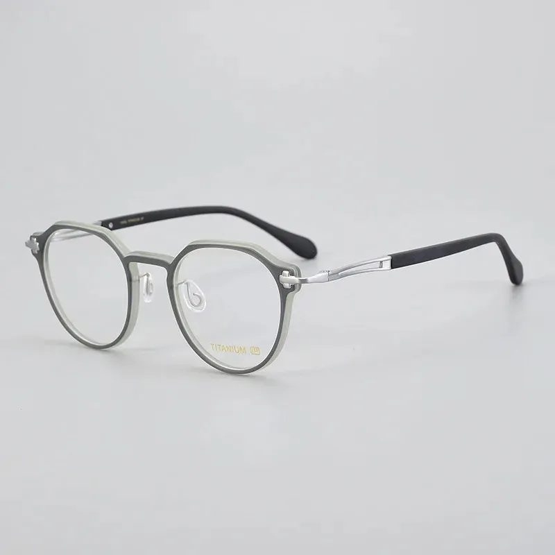 Black Mask Unisex Full Rim Flat Top Round Acetate Titanium Eyeglasses 88001