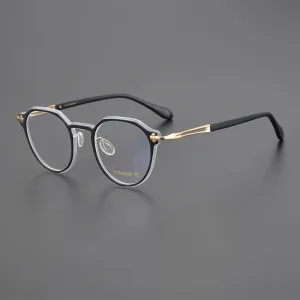 Black Mask Unisex Full Rim Flat Top Round Acetate Titanium Eyeglasses 88001