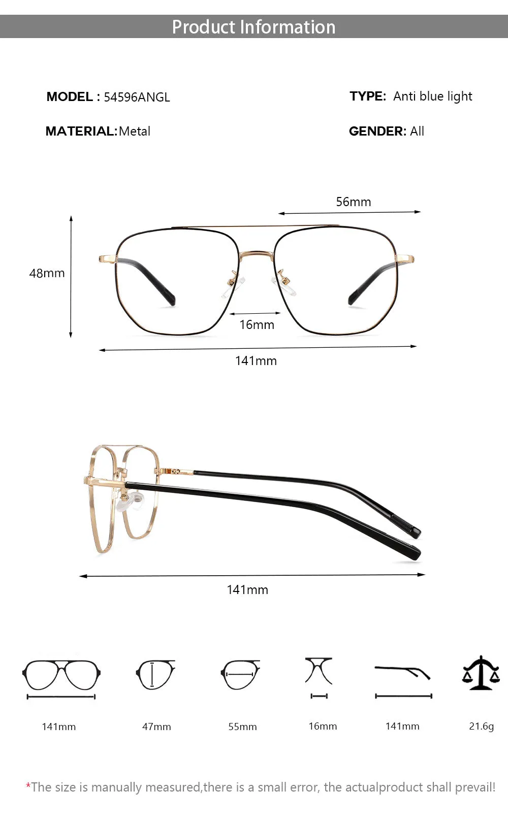 CCspace Unisex Full Rim Oversized Double Bridge Square Alloy Frame Eyeglasses 54596