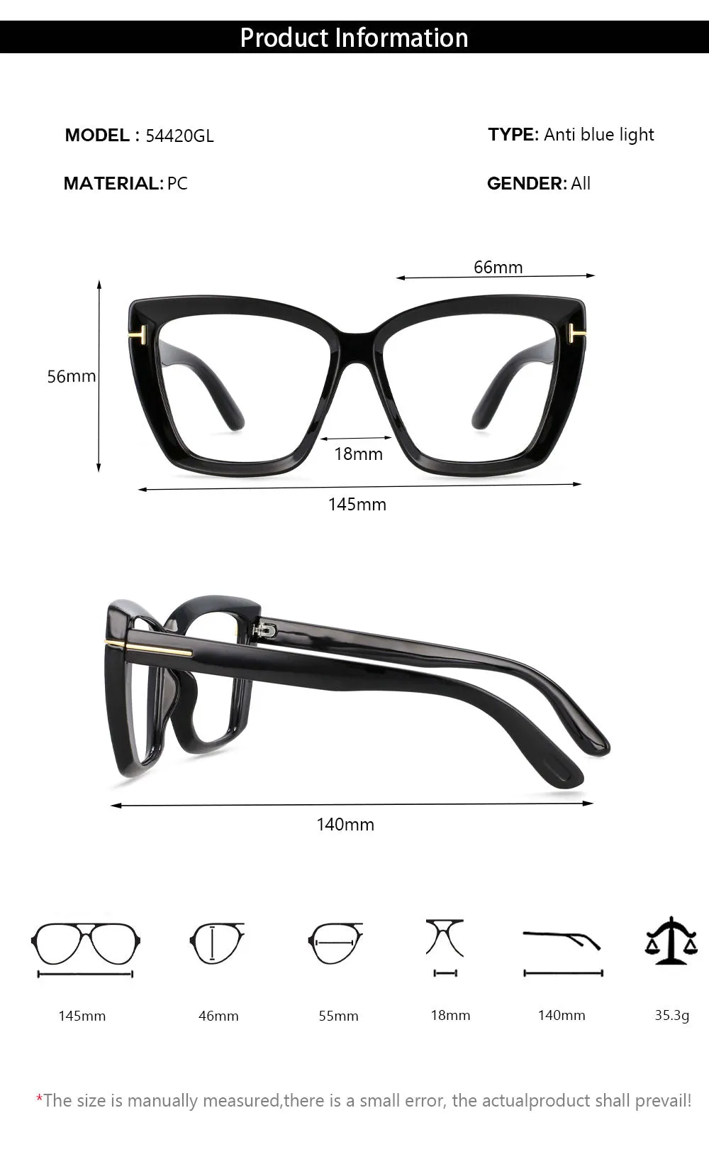 CCspace Unisex Full Rim Oversized Square Cat Eye Resin Alloy Rivet Frame Eyeglasses 54420