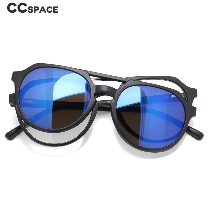 CCspace Unisex Full Rim Round Tr 90 Titanium Frame Eyeglasses Clip On 5 Piece Lens Sunglasses 53882