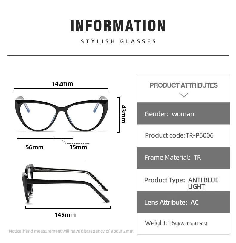 CCspace Women's Full Rim Square Cat Eye Tr 90 Titanium Eyeglasses 54719