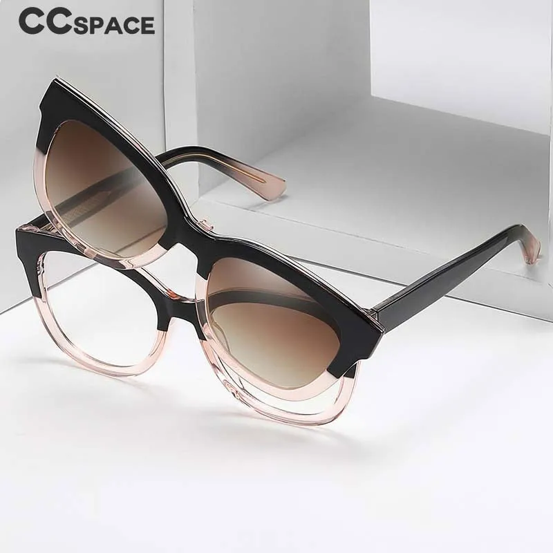 CCspace Women's Full Rim Square Tr 90 Titanium Eyeglasses With Clip On Sunglasses 55109