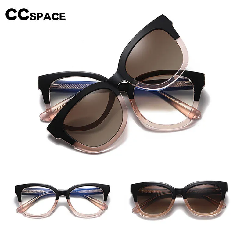 CCspace Women's Full Rim Square Tr 90 Titanium Eyeglasses With Clip On Sunglasses 55109