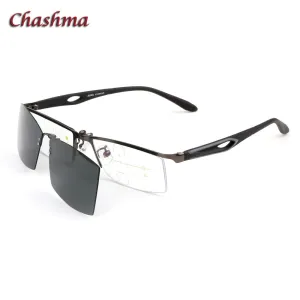 Chashma Ochki Men's Semi Rim Rectangle Alloy Eyeglasses Clip On Polarized Sunglasses 9320