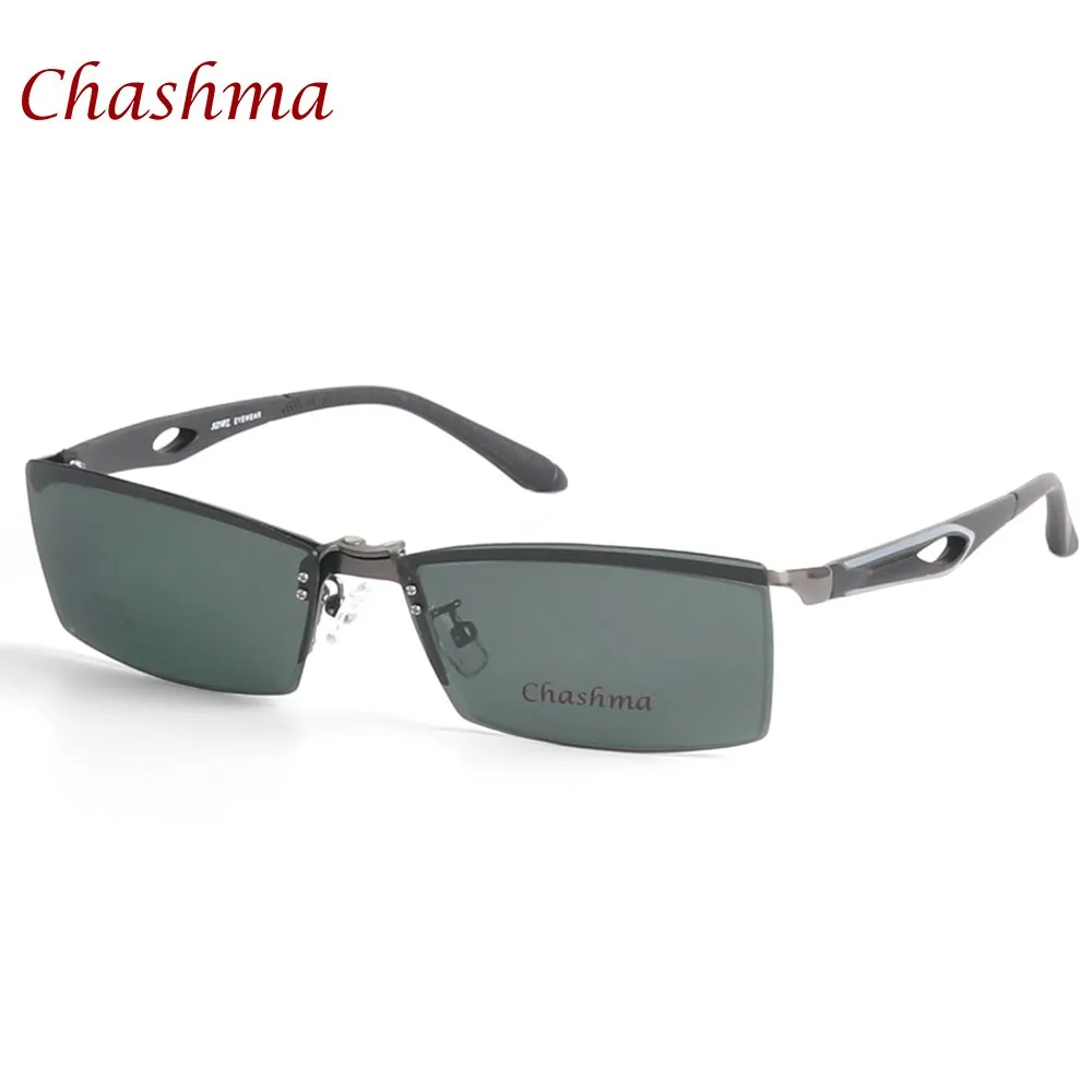 Chashma Ochki Men's Semi Rim Rectangle Alloy Eyeglasses Clip On Polarized Sunglasses 9320