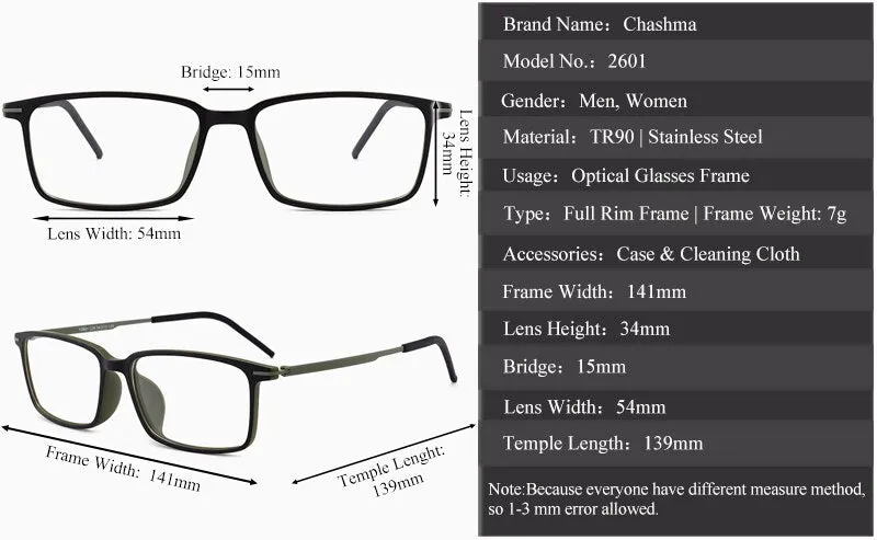 Chashma Ochki Unisex Full Rim Square Ultem Tr 90 Stainless Steel Eyeglasses 2601