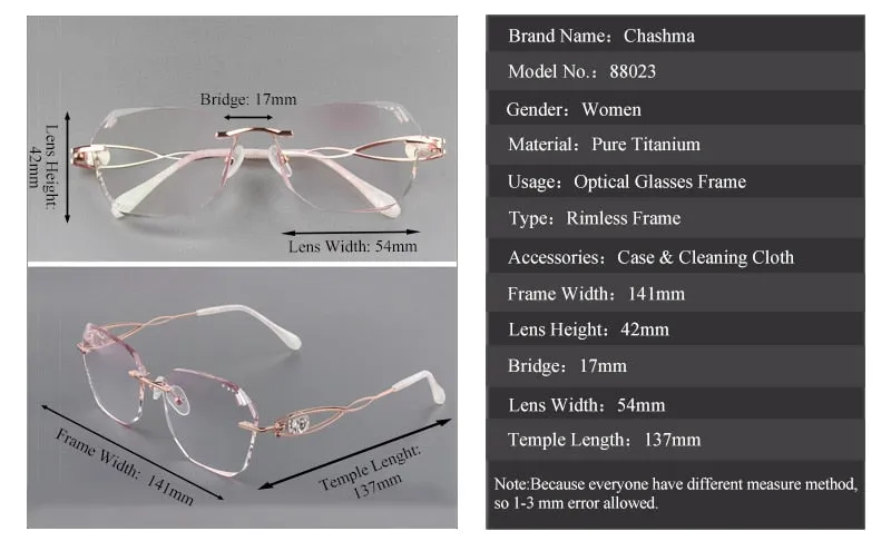 Chashma Ochki Women's Rimless Square Butterfly Titanium Eyeglasses Gradient Tint Lenses 88023