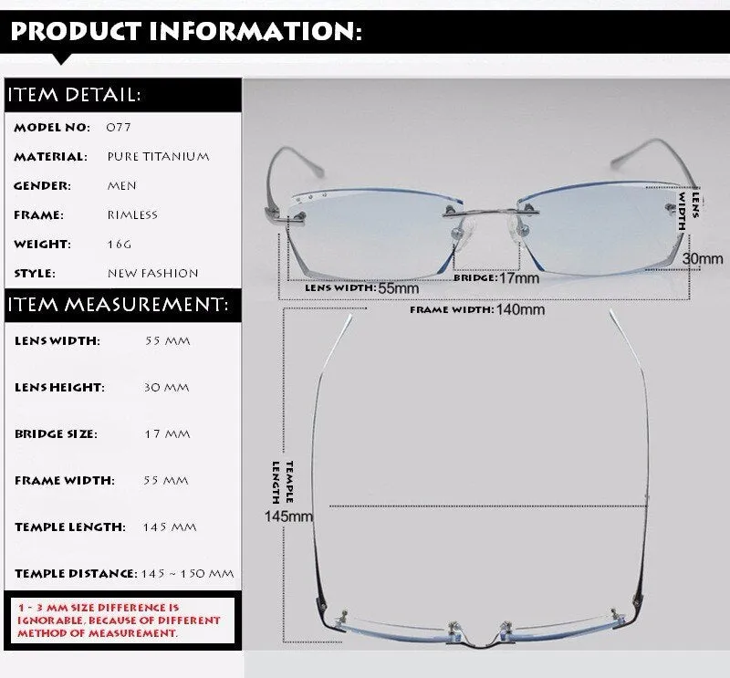 Chashma Ottica Men's Rimless Rectangle Titanium Eyeglasses Tinted Lenses 077