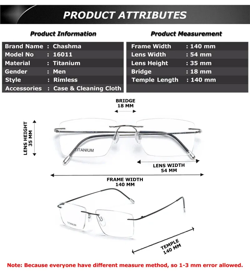 Chashma Ottica Men's Rimless Square Titanium 2G Eyeglasses 16011