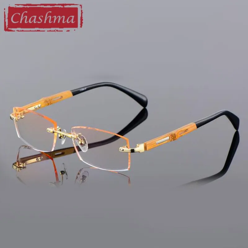 Chashma Ottica Men's Rimless Square Titanium Eyeglasses Bamboo Temples Tint Lenses 886