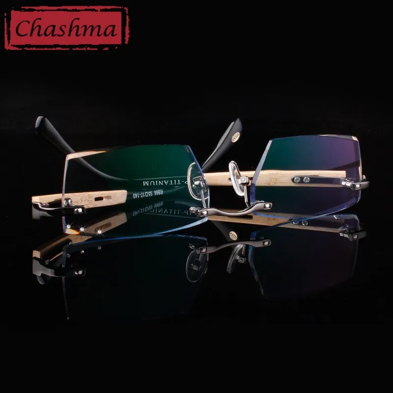 Chashma Ottica Men's Rimless Square Titanium Eyeglasses Bamboo Temples Tint Lenses 886