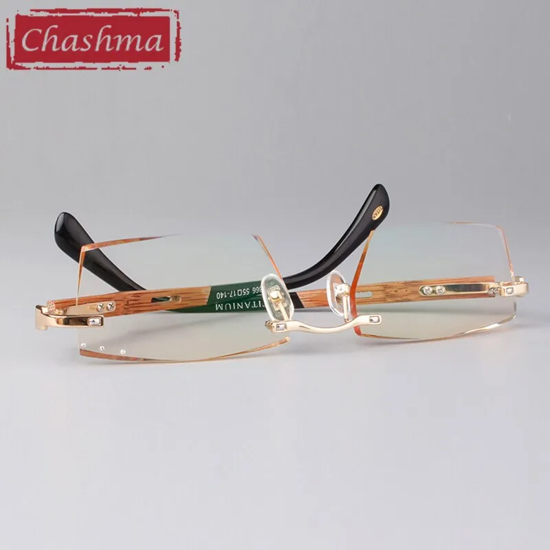 Chashma Ottica Men's Rimless Square Titanium Eyeglasses Bamboo Temples Tint Lenses 886