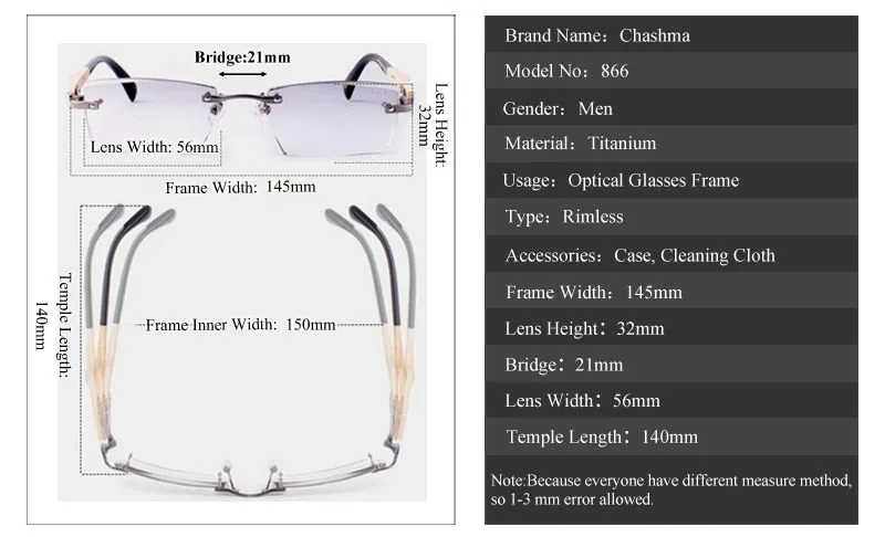 Chashma Ottica Men's Rimless Square Titanium Eyeglasses Bamboo Temples Tint Lenses 886