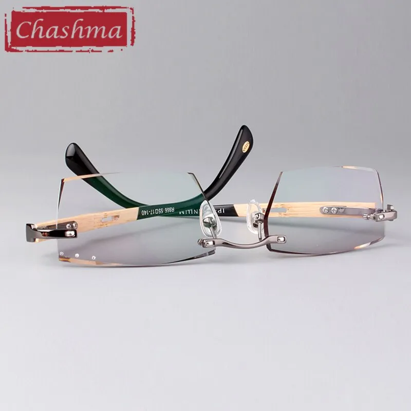 Chashma Ottica Men's Rimless Square Titanium Eyeglasses Bamboo Temples Tint Lenses 886