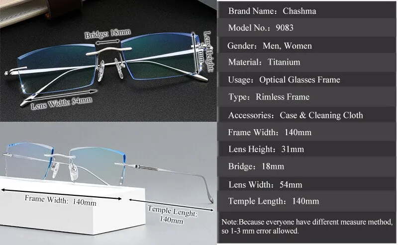 Chashma Ottica Men's Rimless Square Titanium Eyeglasses Tinted Lenses 9083