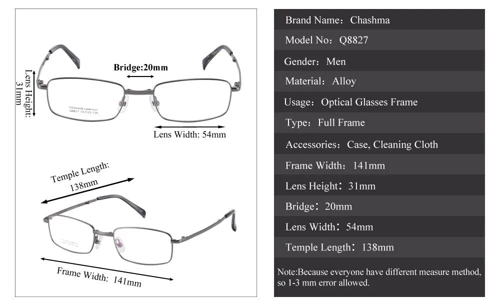 Chashma Ottica Unisex Full Rim Square Foldable Stainless Steel Alloy Eyeglasses 8827