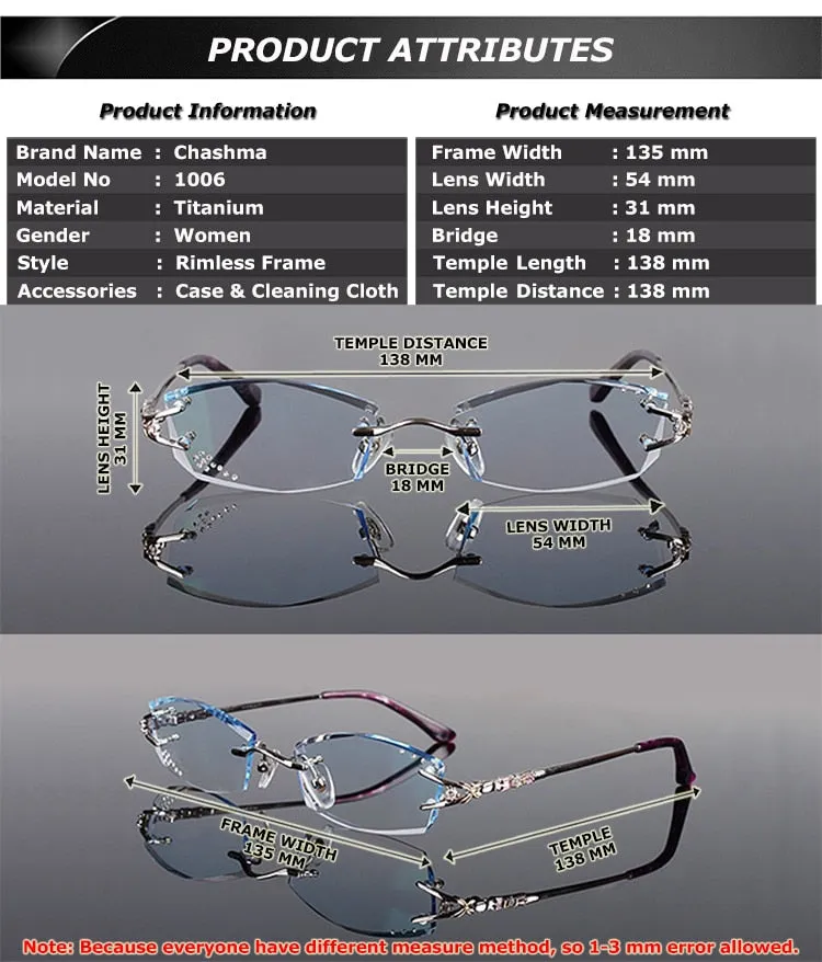 Chashma Ottica Women's Rimless Irregular Rectangle Titanium Eyeglasses Tinted Lenses 1006