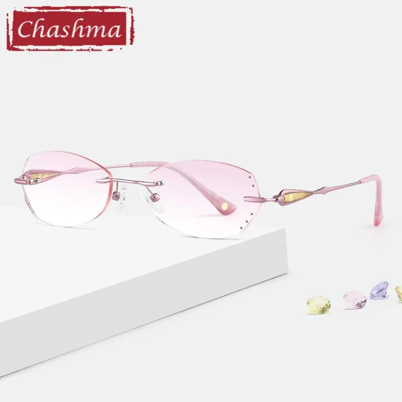 Chashma Ottica Women's Rimless Rectangle Cat Eye Titanium Eyeglasses Tinted Lenses 8108