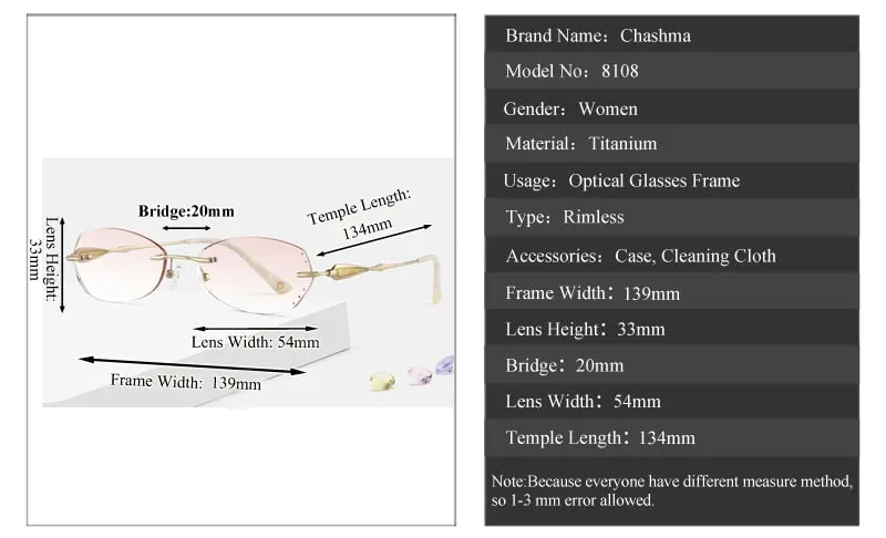 Chashma Ottica Women's Rimless Rectangle Cat Eye Titanium Eyeglasses Tinted Lenses 8108