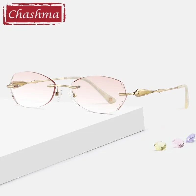 Chashma Ottica Women's Rimless Rectangle Cat Eye Titanium Eyeglasses Tinted Lenses 8108