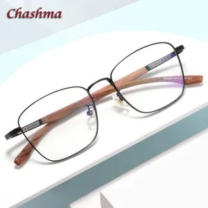 Chashma Unisex Full Rim Square Stainless Steel Frame Wood Temple Eyeglasses