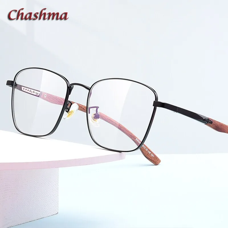 Chashma Unisex Full Rim Square Stainless Steel Frame Wood Temple Eyeglasses