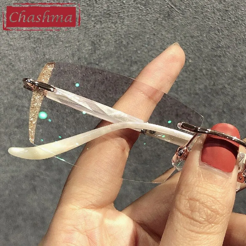 Chashma Women's Rimless Rectangle Titanium Glitter Edge Lens Eyeglasses 52025