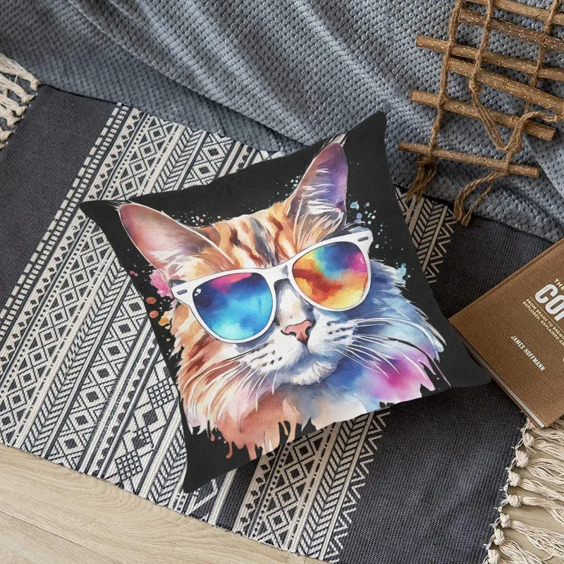 Cute Cat Pillowcase - Colorful Cat With Eyeglasses