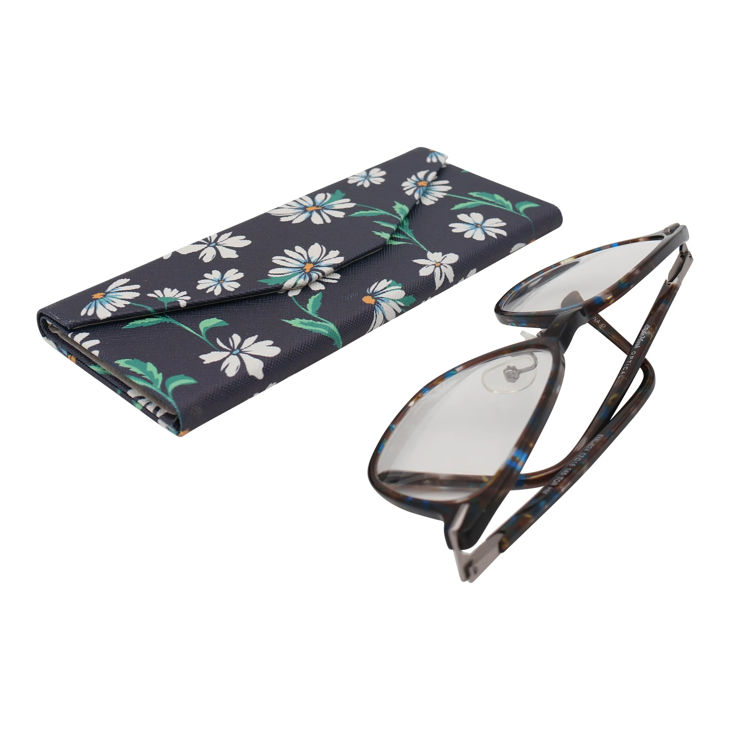 Daisy Flower Eyewear Glasses Case - Eco Leather Magnetic Folding Hard Case for Sunglasses, Eyeglasses, Reading Glasses