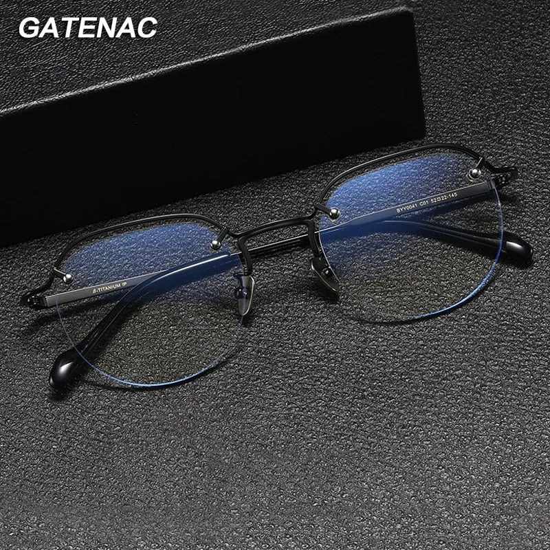 Gatenac Men's Full Rim Flat Top Round Titanium Eyeglasses Gxyj1071