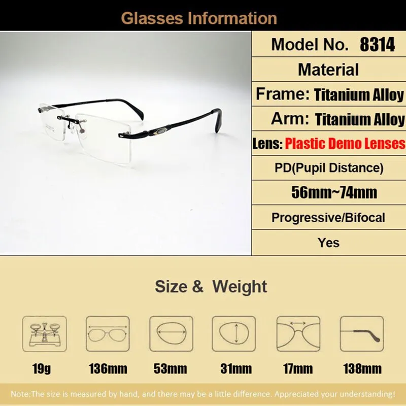 Gmei Men's Eyeglasses Titanium Alloy Rimless S8314