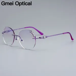 Gmei Women's Eyeglasses Alloy Rimless Round Diamond Trimming Cut Purple Z2877