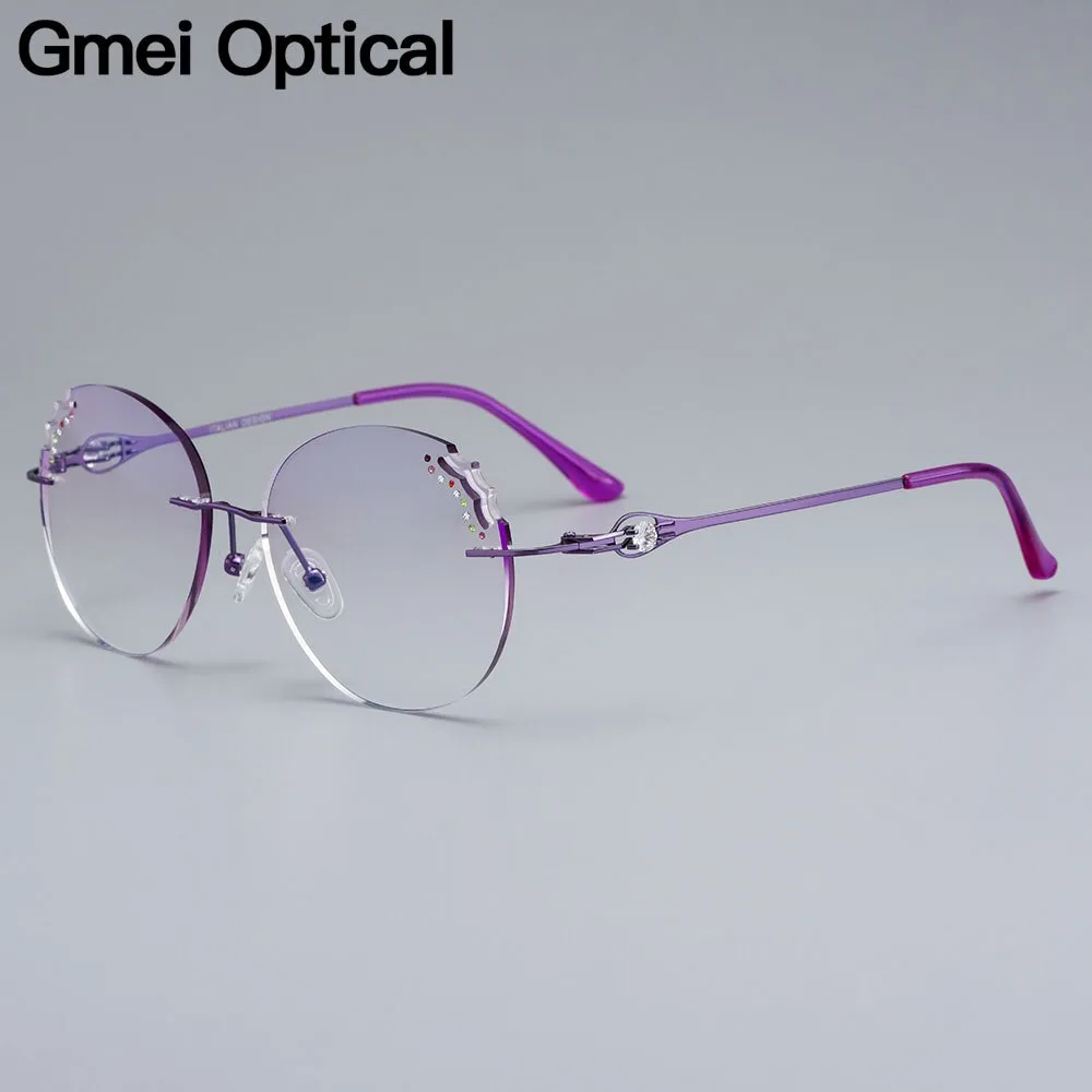 Gmei Women's Eyeglasses Alloy Rimless Round Diamond Trimming Cut Purple Z2877