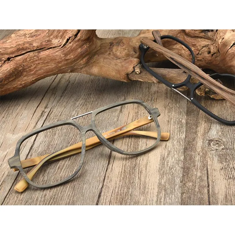 Hdcrafter Men's Full Rim Oversized Square Double Bridge Wood Alloy Eyeglasses