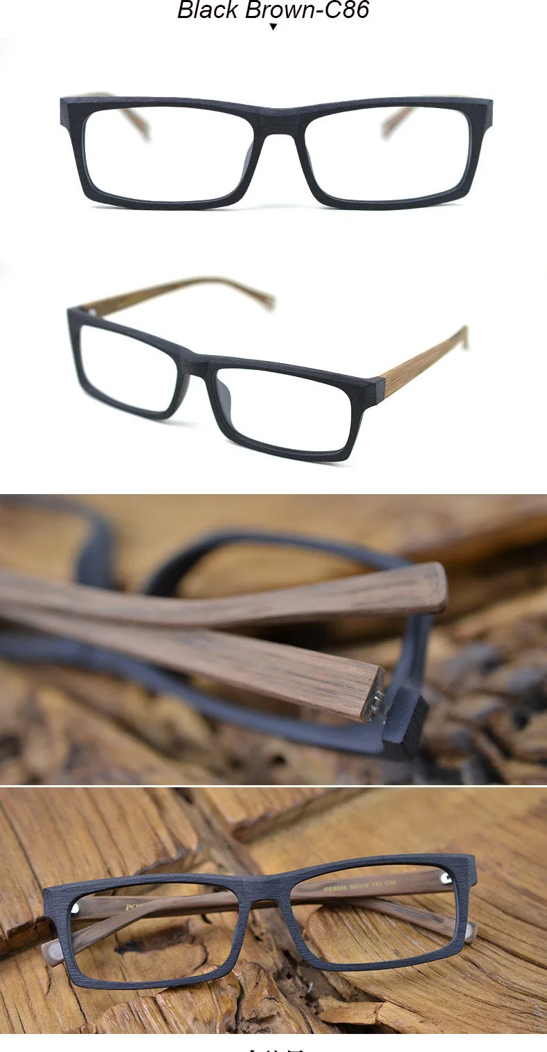 Hdcrafter Men's Full Rim Rectangle Wood Frame Eyeglasses Ps8005