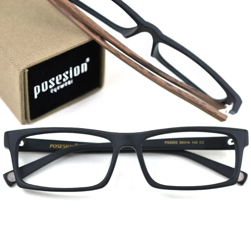 Hdcrafter Men's Full Rim Rectangle Wood Frame Eyeglasses Ps8005