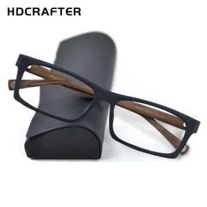 Hdcrafter Men's Full Rim Rectangle Wood Frame Eyeglasses Ps8005