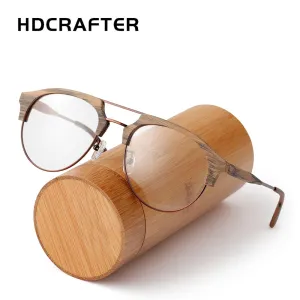 Hdcrafter Men's Full Rim Round Double Bridge Wood Metal Frame Eyeglasses 15144