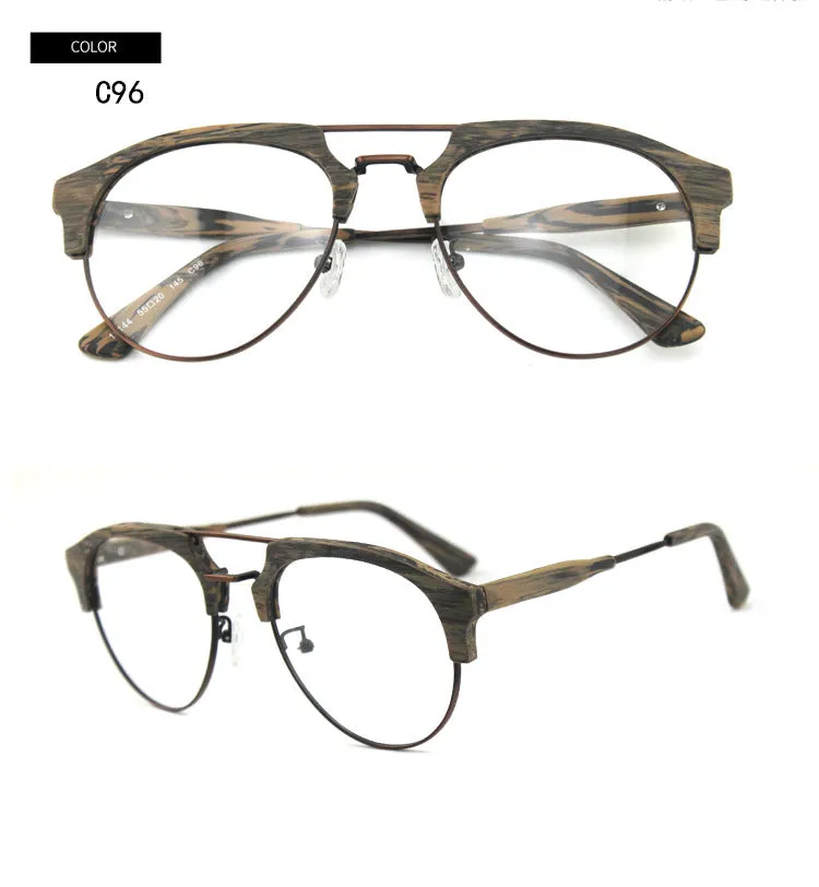 Hdcrafter Men's Full Rim Round Double Bridge Wood Metal Frame Eyeglasses 15144