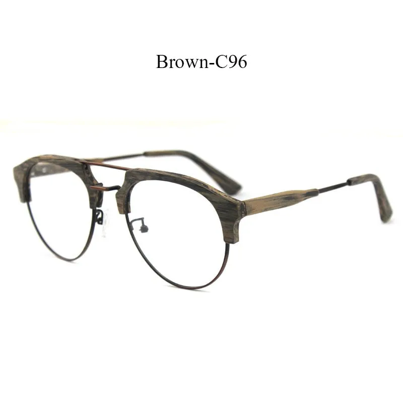 Hdcrafter Men's Full Rim Round Double Bridge Wood Metal Frame Eyeglasses 15144