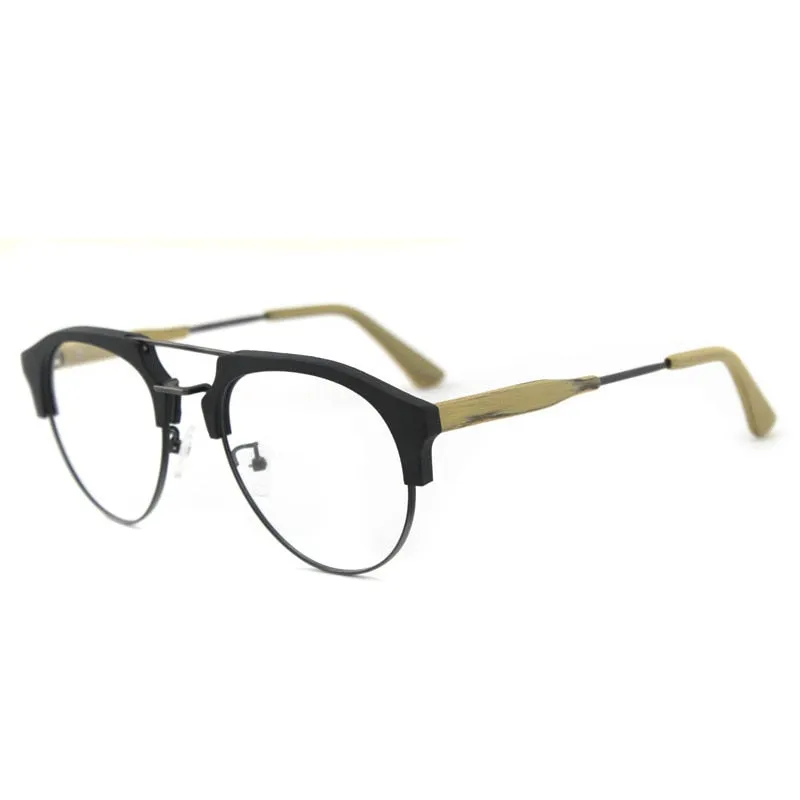 Hdcrafter Men's Full Rim Round Double Bridge Wood Metal Frame Eyeglasses 15144