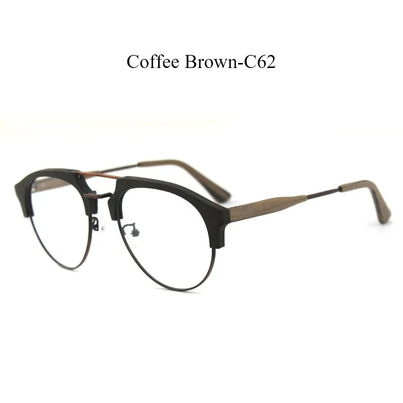 Hdcrafter Men's Full Rim Round Double Bridge Wood Metal Frame Eyeglasses 15144