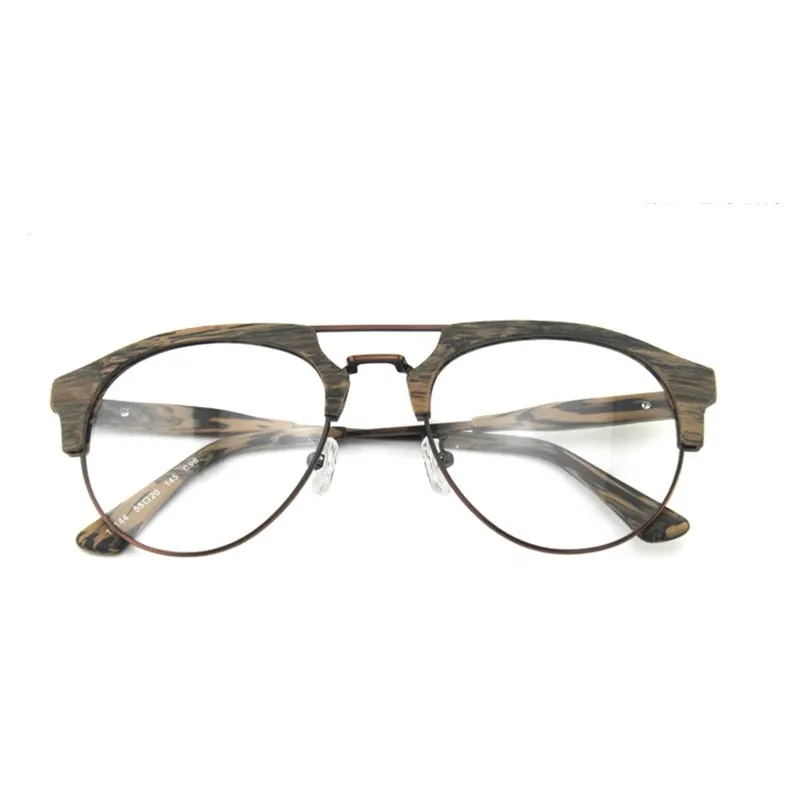 Hdcrafter Men's Full Rim Round Double Bridge Wood Metal Frame Eyeglasses 15144