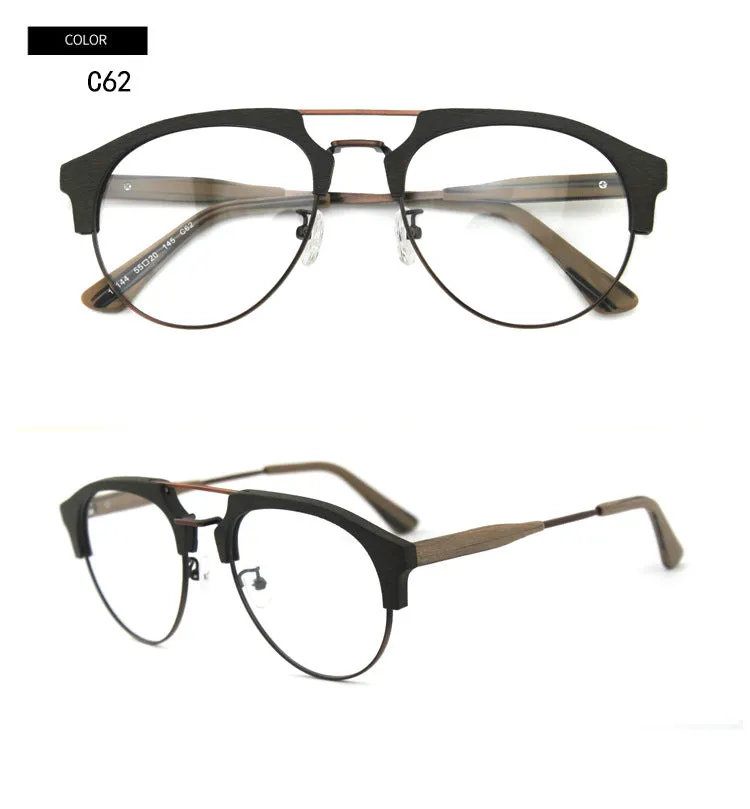 Hdcrafter Men's Full Rim Round Double Bridge Wood Metal Frame Eyeglasses 15144