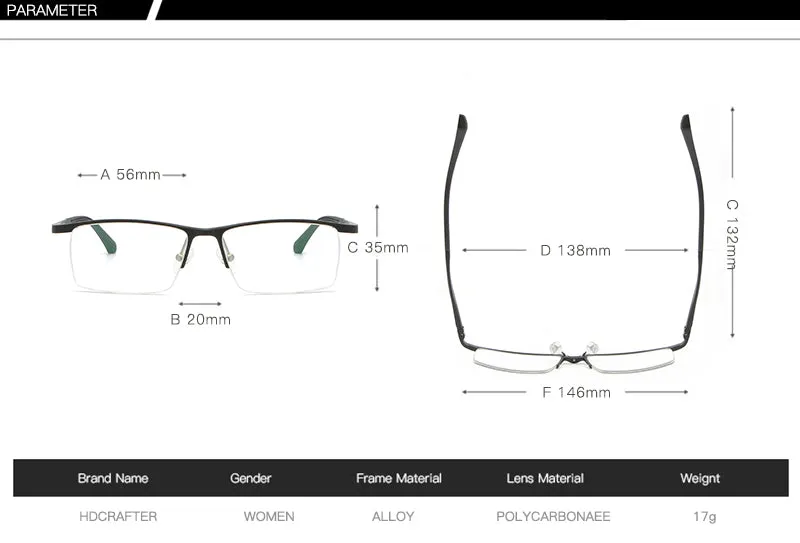 Hdcrafter Men's Semi Rim Rectangle Alloy Frame Eyeglasses Lp6236