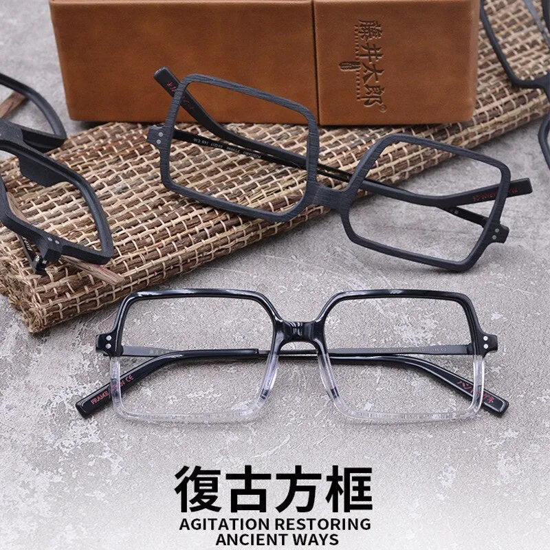 Hdcrafter Unisex Full Rim Oversized Square Wood Frame Eyeglasses Ft8890